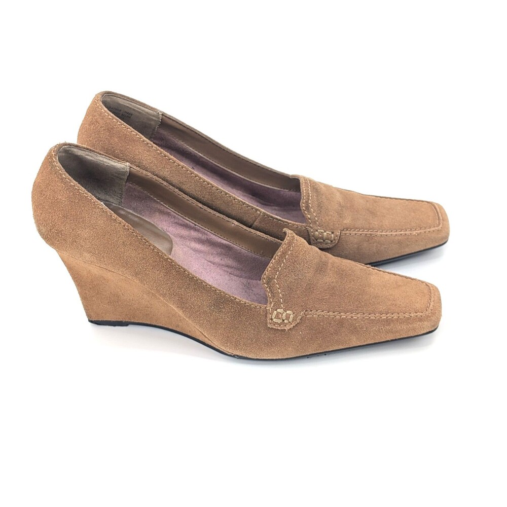 Ann Marino Muse Cigar Brown Tan Suede Leather Square Toe Wedge Heels Size 7.5